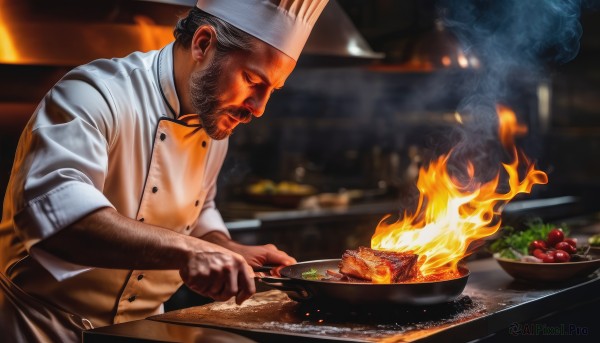 solo,short hair,1boy,hat,holding,closed mouth,upper body,white hair,male focus,food,indoors,blurry,buttons,blurry background,facial hair,white headwear,fire,knife,beard,sleeves rolled up,realistic,manly,cooking,meat,chef hat,chef,steak,black hair,closed eyes,grey hair,signature,apron,from side,fruit,looking down,steam,smoke,nose,mustache,holding knife,kitchen,tomato,vegetable,frying pan,arm hair,burning,cutting board,onion