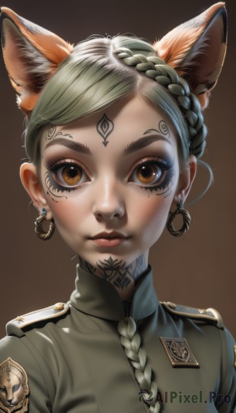 1girl,solo,long hair,looking at viewer,simple background,animal ears,brown eyes,jewelry,closed mouth,upper body,braid,earrings,green hair,cat ears,uniform,lips,military,fox ears,eyelashes,single braid,military uniform,tattoo,makeup,facial mark,portrait,hair over shoulder,extra ears,eyeshadow,freckles,brown background,epaulettes,forehead mark,badge,braided bangs,mascara,short hair,bangs,jacket,mole,mole under eye,swept bangs,lipstick,dog ears,french braid,realistic,nose,emblem,eyeliner,facial tattoo,aiguillette