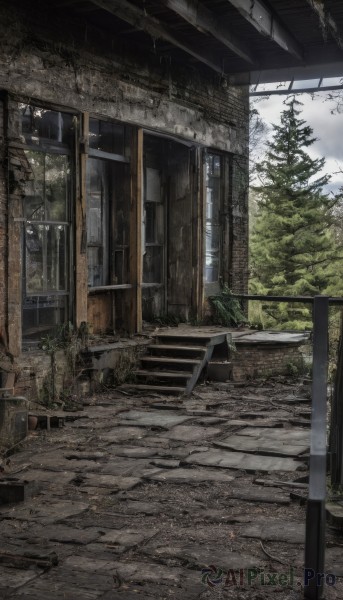 outdoors,sky,day,cloud,tree,no humans,window,sunlight,grass,plant,building,scenery,stairs,door,bench,ruins,cloudy sky,railing,overgrown,broken window