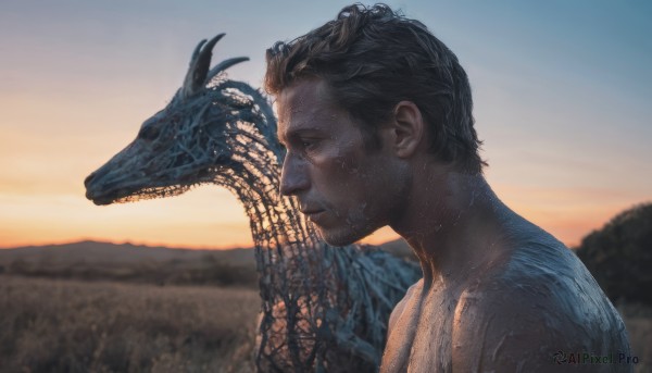 solo,short hair,brown hair,black hair,1boy,closed mouth,upper body,male focus,nude,outdoors,sky,blurry,from side,wet,profile,blurry background,facial hair,topless male,sunset,realistic,dragon,eastern dragon,dinosaur,teeth,tree,sharp teeth,creature,dripping