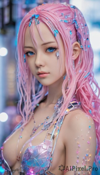 1girl,solo,long hair,breasts,looking at viewer,blue eyes,hair ornament,cleavage,bare shoulders,jewelry,medium breasts,closed mouth,swimsuit,upper body,pink hair,bikini,earrings,artist name,necklace,blurry,lips,eyelashes,depth of field,blurry background,watermark,gem,web address,armlet,crystal,realistic,nose,piercing