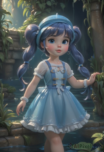 1girl,solo,long hair,looking at viewer,blush,smile,bangs,blue eyes,hat,dress,twintails,jewelry,blue hair,standing,collarbone,short sleeves,earrings,outdoors,parted lips,puffy sleeves,artist name,water,tree,puffy short sleeves,lips,wet,see-through,wrist cuffs,blue dress,watermark,plant,child,wet clothes,nature,web address,wading,blue headwear,forest,backlighting,bow,hairband,frills,signature,leaf,sunlight,frilled dress,white bow,freckles,hair tie,see-through sleeves