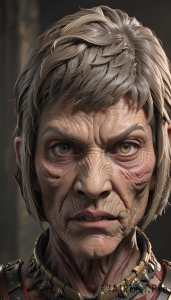 1girl,solo,looking at viewer,short hair,1boy,brown eyes,jewelry,green eyes,yellow eyes,grey hair,male focus,parted lips,teeth,necklace,blurry,lips,blurry background,scar,portrait,close-up,realistic,nose,old,wrinkled skin,closed mouth,collar,scar on face,veins,serious,manly