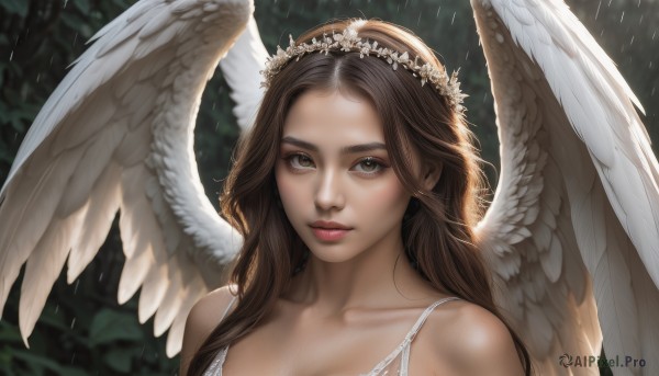 1girl,solo,long hair,looking at viewer,brown hair,hair ornament,dress,bare shoulders,brown eyes,closed mouth,collarbone,upper body,flower,wings,hair flower,white dress,blurry,lips,blurry background,portrait,feathered wings,rain,angel wings,realistic,nose,white wings,angel,head wreath,parted lips,nature