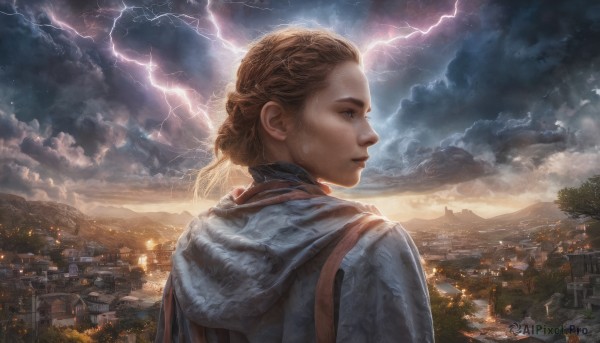 1girl, solo, blue eyes, brown hair, upper body, outdoors, sky, cloud, hood, tree, hood down, cloudy sky, scenery, city, realistic, cityscape, lightning