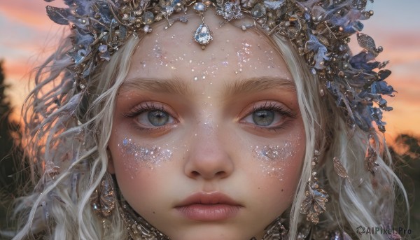 1girl,solo,long hair,looking at viewer,blue eyes,blonde hair,hair ornament,jewelry,closed mouth,white hair,earrings,outdoors,sky,artist name,mole,blurry,lips,grey eyes,eyelashes,mole under eye,depth of field,blurry background,gem,portrait,close-up,forehead,freckles,realistic,straight-on,mole on cheek,cloud,tree,wavy hair,nose