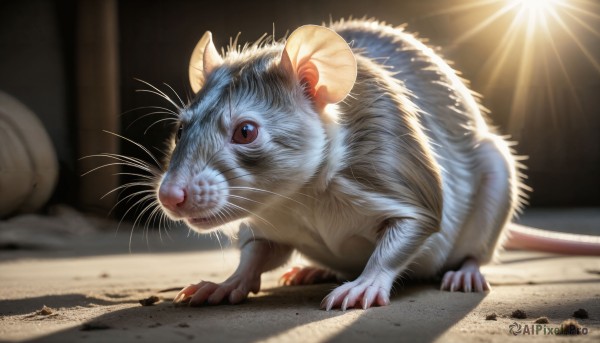 HQ,solo,looking at viewer,blue eyes,closed mouth,full body,horns,signature,blurry,no humans,animal,sunlight,cat,claws,realistic,animal focus,mouse,whiskers,brown eyes,standing,blurry background,light rays