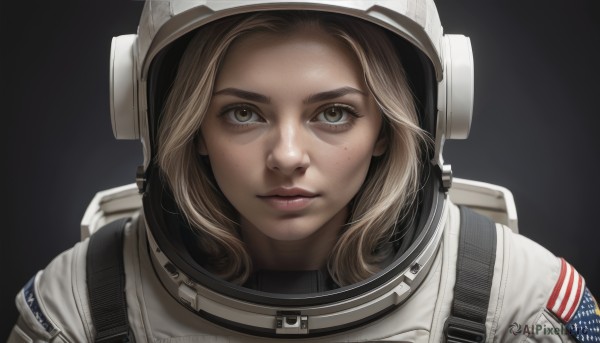 1girl,solo,looking at viewer,blonde hair,simple background,closed mouth,green eyes,upper body,lips,helmet,black background,portrait,freckles,realistic,american flag,spacesuit,space helmet,astronaut,brown eyes,parted lips,backpack,close-up,forehead,serious,nose,american flag print