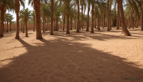 outdoors,sky,day,cloud,tree,blue sky,no humans,shadow,beach,sunlight,scenery,sand,palm tree,shade,desert,realistic,tree shade