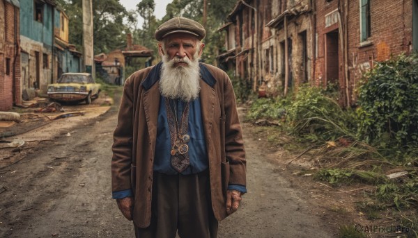 solo,looking at viewer,shirt,long sleeves,1boy,hat,jewelry,closed mouth,standing,jacket,white hair,male focus,cowboy shot,outdoors,open clothes,day,pants,necklace,tree,coat,facial hair,black pants,blue shirt,plant,ground vehicle,building,scenery,motor vehicle,beard,clenched hands,brown jacket,city,mature male,realistic,mustache,car,road,manly,brown pants,house,old,brown coat,old man,window,parody,grass,facing viewer,brown headwear,street