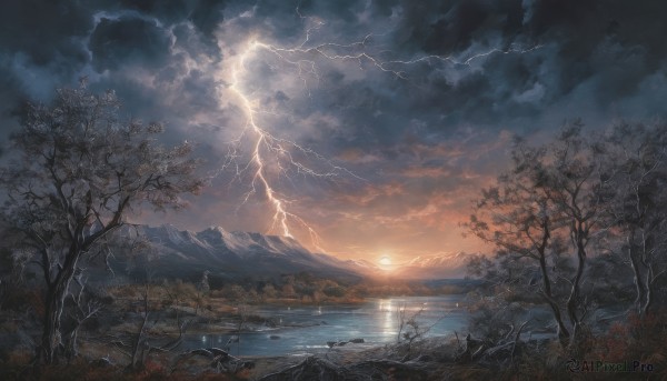 A vivid sunset outdoors highlighting a lightning