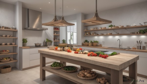 food,indoors,no humans,window,fruit,table,bottle,plant,scenery,plate,bowl,apple,basket,carrot,bread,shelf,kitchen,tomato,vegetable,counter,ceiling light,lettuce,cutting board,sunlight,wooden floor,tiles,light,ladle,jar,sink,refrigerator,kettle,stove,potato,onion