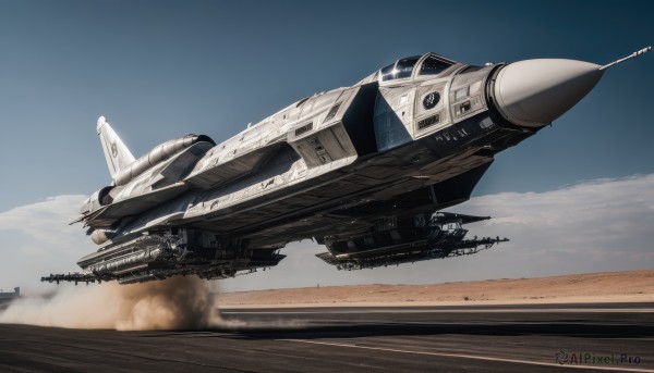 sky,day,cloud,signature,military,no humans,smoke,flying,science fiction,realistic,aircraft,military vehicle,airplane,vehicle focus,spacecraft,desert,jet,dust,fighter jet,outdoors,blue sky,contrail,missile,pilot