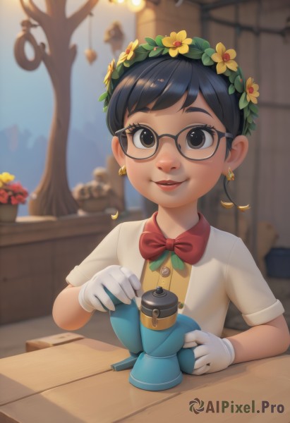 1girl,solo,looking at viewer,smile,short hair,bangs,shirt,black hair,hair ornament,gloves,bow,brown eyes,jewelry,upper body,flower,short sleeves,earrings,outdoors,parted lips,glasses,teeth,day,artist name,indoors,white gloves,hair flower,bowtie,blurry,black eyes,red bow,official alternate costume,tree,lips,blurry background,watermark,table,red bowtie,child,black-framed eyewear,yellow flower,female child,head wreath,open mouth,plant