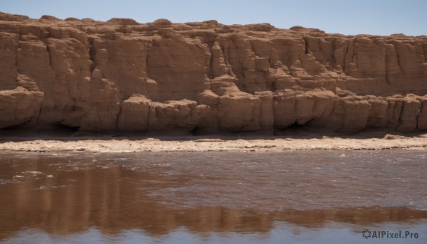 outdoors,sky,day,water,blue sky,no humans,scenery,reflection,rock,mountain,sand,river,landscape,desert,ocean,beach,realistic