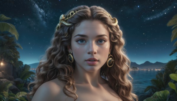 1girl,solo,long hair,looking at viewer,blue eyes,brown hair,hair ornament,jewelry,nude,earrings,outdoors,parted lips,sky,teeth,water,tree,lips,night,ocean,leaf,wavy hair,plant,portrait,star (sky),night sky,starry sky,freckles,curly hair,realistic,nose,bare shoulders,collarbone,upper body,eyelashes,scenery,palm tree