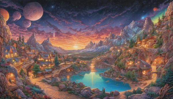 A charming sunset outdoors with a waterfall