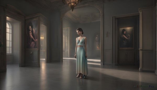 1girl,solo,long hair,breasts,short hair,multiple girls,brown hair,black hair,dress,bare shoulders,jewelry,standing,sleeveless,indoors,hair bun,black footwear,high heels,window,sleeveless dress,blue dress,single hair bun,reflection,green dress,handbag,mirror,door,hallway,reflective floor,chandelier,candle,dark,wide shot,painting (object),horror (theme)