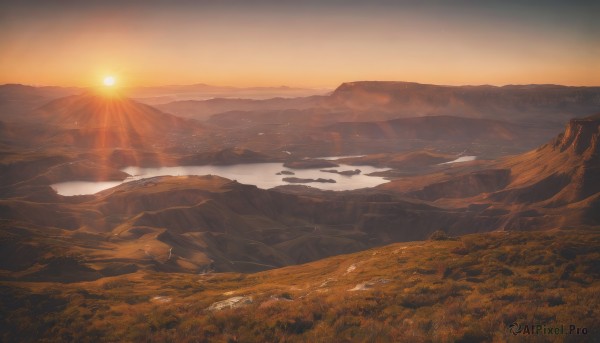 outdoors,sky,cloud,water,tree,no humans,sunlight,grass,nature,scenery,forest,sunset,mountain,sun,field,river,landscape,mountainous horizon,orange sky,lens flare,light rays,orange theme