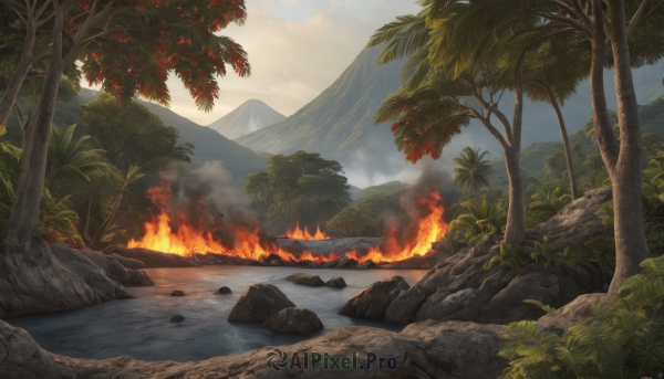 outdoors,sky,day,cloud,water,tree,no humans,grass,fire,nature,scenery,forest,smoke,rock,mountain,river,landscape,burning,leaf,campfire