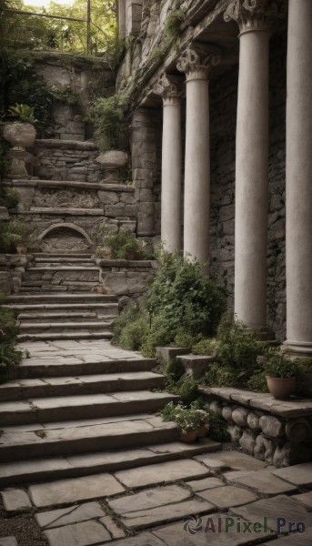 outdoors,day,tree,no humans,sunlight,plant,scenery,stairs,potted plant,bush,ruins,vines,pillar,statue,arch,moss,overgrown,column,stone stairs,window,nature,wall,architecture