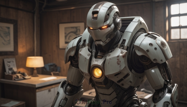 solo,1boy,upper body,male focus,indoors,blurry,orange eyes,no humans,window,glowing,robot,mecha,glowing eyes,desk,science fiction,realistic,lamp,photo (object),damaged,looking ahead,humanoid robot,office,desk lamp,armor,blurry background,android,joints,robot joints,power armor