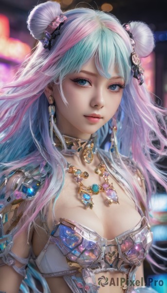 1girl,solo,long hair,breasts,looking at viewer,bangs,blue eyes,hair ornament,cleavage,jewelry,medium breasts,closed mouth,blue hair,upper body,pink hair,multicolored hair,earrings,choker,necklace,hair bun,armor,blurry,two-tone hair,lips,eyelashes,double bun,aqua hair,makeup,blurry background,gem,revealing clothes,armlet,realistic