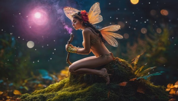 1girl,solo,long hair,brown hair,black hair,hair ornament,gloves,bare shoulders,jewelry,sitting,swimsuit,closed eyes,flower,bikini,outdoors,wings,sky,barefoot,hair flower,dark skin,blurry,bracelet,feet,from side,tree,lips,toes,night,moon,instrument,nature,night sky,full moon,realistic,fantasy,anklet,fairy wings,fairy,holding,earrings,necklace,dark-skinned female,profile,depth of field,bird,bug,smoke,smoking,dirty,tribal,barefoot sandals