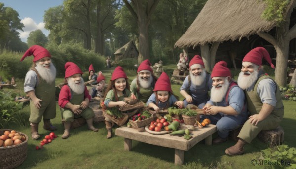 smile,open mouth,shirt,long sleeves,hat,holding,sitting,standing,white shirt,white hair,male focus,boots,outdoors,food,multiple boys,sky,day,pants,cloud,looking at another,apron,tree,fruit,facial hair,brown footwear,table,suspenders,grass,instrument,child,nature,red headwear,beard,sleeves rolled up,forest,6+boys,mustache,apple,basket,overalls,carrot,mushroom,house,old,old man,tomato,vegetable,onion,multiple girls,brown hair,closed eyes,short sleeves,:d,shoes,glasses,barefoot,teeth,bag,vest,blue sky,animal,holding food,blue shirt,knife,fantasy,blue pants,pink headwear,coin,green pants,tree stump