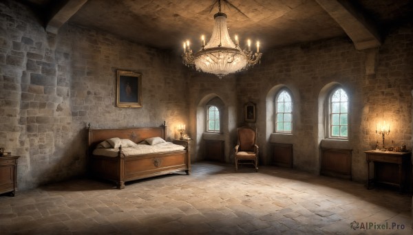 HQ,day,indoors,pillow,no humans,window,bed,chair,table,sunlight,fire,scenery,wooden floor,stairs,door,blanket,light,lamp,candle,wall,brick wall,carpet,candlestand,chandelier,fireplace,book,sleeping,rug