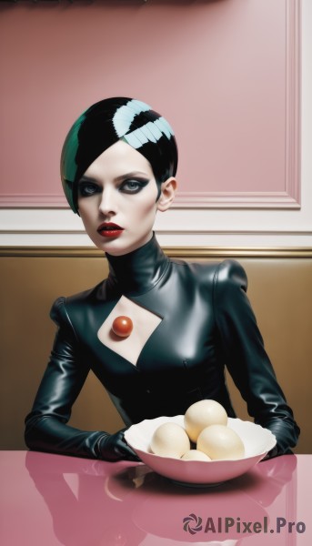 1girl,solo,looking at viewer,short hair,blue eyes,black hair,1boy,upper body,male focus,multicolored hair,food,green hair,black eyes,two-tone hair,lips,clothing cutout,bodysuit,makeup,cleavage cutout,table,lipstick,pale skin,androgynous,bowl,red lips,very short hair,egg,latex,black lips,holding,green eyes,indoors,eyeshadow,reflection,realistic