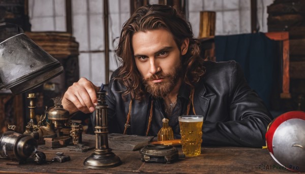 solo,long hair,looking at viewer,brown hair,shirt,long sleeves,1boy,holding,brown eyes,sitting,closed mouth,jacket,upper body,male focus,collared shirt,indoors,medium hair,necklace,blurry,cup,black jacket,window,blurry background,facial hair,chair,formal,table,beard,alcohol,mug,realistic,mustache,lamp,lips,board game