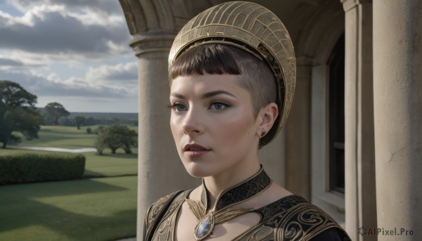 1girl,solo,short hair,bangs,brown hair,black hair,hat,jewelry,grey hair,earrings,outdoors,parted lips,sky,day,cloud,necklace,tree,blue sky,lips,grey eyes,cloudy sky,gem,portrait,scenery,freckles,realistic,pillar,upper body,teeth,choker,blunt bangs,eyelashes,nose,very short hair