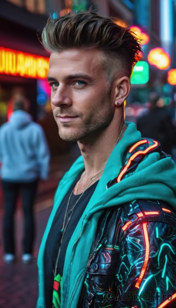 looking at viewer,smile,short hair,blue eyes,brown hair,shirt,black hair,1boy,jewelry,jacket,upper body,male focus,earrings,outdoors,multiple boys,solo focus,hood,necklace,blurry,lips,hoodie,blurry background,facial hair,hood down,beard,science fiction,city,realistic,stud earrings,mechanical arms,undercut,cyborg,single mechanical arm,prosthesis,prosthetic arm,cyberpunk,neon lights,closed mouth,open clothes,artist name,2boys,open jacket,black shirt,night,hooded jacket