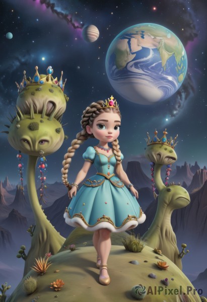 1girl,solo,long hair,looking at viewer,brown hair,dress,brown eyes,jewelry,standing,braid,flower,short sleeves,sky,shoes,puffy sleeves,artist name,necklace,twin braids,bracelet,puffy short sleeves,night,blue dress,watermark,moon,crown,child,star (sky),starry sky,walking,female child,space,planet,earth (planet),elephant,blush,blue eyes,blonde hair,very long hair,closed mouth,full body,outdoors,tree,lips,fur trim,single braid,grass,tiara,gem,night sky,web address,rock,mountain,aqua dress