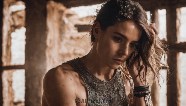 1girl,solo,long hair,looking at viewer,brown hair,black hair,bare shoulders,jewelry,closed mouth,upper body,sleeveless,dark skin,blurry,black eyes,bracelet,dark-skinned female,lips,blurry background,messy hair,freckles,hand in own hair,realistic,nose,brown eyes,tank top