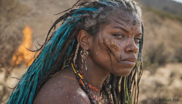 1girl,solo,long hair,looking at viewer,black hair,brown eyes,jewelry,closed mouth,blue hair,multicolored hair,earrings,dark skin,necklace,blurry,dark-skinned female,lips,depth of field,blurry background,facial mark,portrait,freckles,realistic,nose,dirty,very dark skin,dreadlocks,tribal,native american,yellow eyes,outdoors,from side,two-tone hair,streaked hair,facepaint