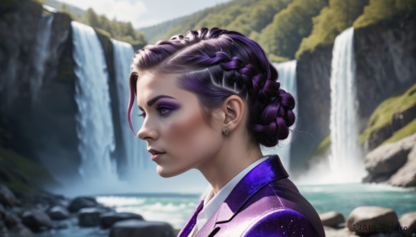 1girl,solo,short hair,jewelry,green eyes,upper body,purple hair,braid,multicolored hair,earrings,outdoors,parted lips,day,water,blurry,from side,two-tone hair,lips,profile,makeup,blurry background,lipstick,portrait,french braid,eyeshadow,realistic,nose,waterfall,mascara,multiple braids,yellow eyes,japanese clothes,necktie,artist name,kimono,eyelashes,formal,suit,rock,purple lips