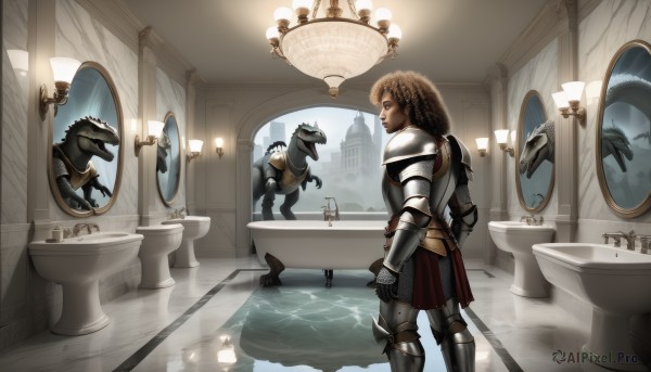 1girl,solo,long hair,skirt,brown hair,holding,brown eyes,standing,weapon,braid,boots,sword,indoors,dark skin,water,from behind,holding weapon,armor,window,profile,holding sword,shoulder armor,gauntlets,sheath,reflection,pauldrons,breastplate,mirror,tiles,greaves,bathroom,bathtub,knight,shower head,plate armor,smile,open mouth,teeth,scenery,fantasy,dragon,armored boots,lamp,statue,arch,chandelier,fountain