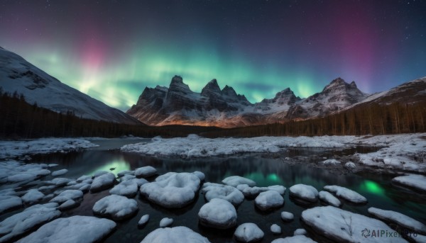 outdoors,sky,water,tree,no humans,night,glowing,star (sky),nature,night sky,scenery,snow,starry sky,rock,mountain,fireflies,aurora,cloud,reflection,river,landscape