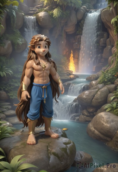 solo,long hair,smile,brown hair,1boy,navel,brown eyes,jewelry,very long hair,closed mouth,standing,full body,male focus,outdoors,barefoot,pointy ears,pants,water,necklace,black eyes,bracelet,muscular,leaf,abs,thick eyebrows,fire,pectorals,plant,muscular male,nature,toned,topless male,rock,blue pants,waterfall,blue eyes,nipples,bara,large pectorals,anklet,bare pectorals,cave,moss