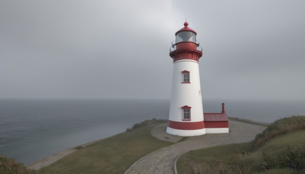 outdoors,sky,day,cloud,water,tree,no humans,window,ocean,cloudy sky,grass,building,scenery,horizon,road,house,river,tower,fog,grey sky,path,overcast,bush,lighthouse