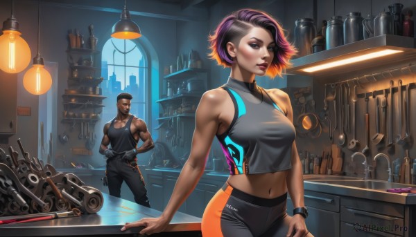 1girl,breasts,blush,short hair,brown hair,shirt,black hair,gloves,1boy,navel,bare shoulders,medium breasts,standing,pink hair,purple hair,multicolored hair,sleeveless,black gloves,midriff,pants,indoors,dark skin,two-tone hair,lips,crop top,bare arms,window,sleeveless shirt,tattoo,makeup,muscular,facial hair,black pants,abs,dark-skinned male,tank top,bottle,lipstick,muscular male,science fiction,toned,realistic,nose,lamp,tight,very short hair,mechanical arms,undercut,cyborg,biceps,prosthesis,mohawk,cyberpunk,counter,small breasts,parted lips,solo focus,signature,hand on hip,wristband,beard,hands on hips,watch,wrench,light bulb,buzz cut