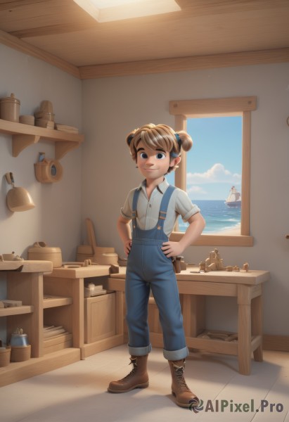 1girl,solo,looking at viewer,smile,short hair,blue eyes,brown hair,shirt,closed mouth,standing,full body,white shirt,short sleeves,boots,sky,day,collared shirt,cloud,indoors,water,hair bun,window,double bun,ocean,brown footwear,suspenders,child,cross-laced footwear,hands on hips,lace-up boots,overalls,watercraft,shelf,ship,boat,bangs,multicolored hair,bell,shadow,table,thick eyebrows,freckles,nose,female child