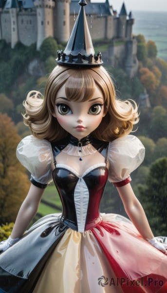 1girl,solo,breasts,looking at viewer,short hair,bangs,blonde hair,brown hair,gloves,hat,dress,cleavage,brown eyes,jewelry,closed mouth,standing,short sleeves,cowboy shot,small breasts,outdoors,day,puffy sleeves,artist name,white gloves,signature,medium hair,necklace,blurry,tree,puffy short sleeves,lips,see-through,makeup,depth of field,blurry background,expressionless,red dress,crown,lipstick,building,gem,rain,curly hair,arms at sides,red lips,castle,puff and slash sleeves,green eyes