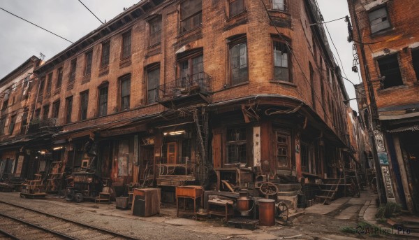 outdoors,sky,day,cloud,no humans,window,cloudy sky,ground vehicle,building,scenery,motor vehicle,city,sign,door,car,road,cityscape,house,power lines,lamppost,street,utility pole,trash can,barrel,industrial pipe,air conditioner,traditional media,plant,potted plant,bucket,bicycle