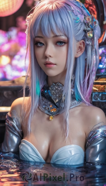 1girl,solo,long hair,breasts,looking at viewer,bangs,blue eyes,hair ornament,cleavage,bare shoulders,jewelry,medium breasts,closed mouth,blue hair,collarbone,upper body,pink hair,sidelocks,multicolored hair,shiny,artist name,water,armor,mole,blurry,lips,wet,eyelashes,strapless,makeup,detached collar,depth of field,blurry background,gem,partially submerged,realistic,nose,mascara,gorget,detached sleeves,necklace,shiny hair,collar,shiny skin,watermark,expressionless,reflection,science fiction