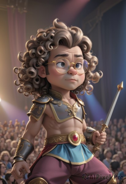 solo,smile,blue eyes,brown hair,1boy,holding,jewelry,closed mouth,standing,weapon,male focus,glasses,solo focus,pants,sword,indoors,holding weapon,armor,mole,blurry,black eyes,grey eyes,muscular,blurry background,holding sword,abs,thick eyebrows,aged down,shoulder armor,messy hair,clenched hand,child,clenched hands,6+boys,curly hair,pauldrons,mole on breast,round eyewear,bracer,male child,crowd,yellow-framed eyewear,mole on cheek,navel,midriff,mole on body