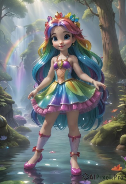 1girl,solo,long hair,breasts,looking at viewer,blush,smile,bangs,blue eyes,skirt,hair ornament,dress,ribbon,navel,bare shoulders,jewelry,very long hair,closed mouth,blue hair,standing,collarbone,full body,pink hair,purple hair,flower,multicolored hair,earrings,small breasts,outdoors,frills,shoes,sleeveless,day,artist name,signature,hair flower,water,necklace,flat chest,bracelet,two-tone hair,tree,lips,bare arms,gradient hair,makeup,blue dress,leaf,watermark,short dress,sunlight,frilled dress,grass,crown,plant,gem,child,nature,web address,multicolored clothes,purple dress,forest,legs apart,beads,light rays,pink lips,skirt hold,center opening,female child,navel cutout,sunbeam,purple footwear,mushroom,ripples,rainbow,multicolored dress,river,waterfall,colorful,pond,stream,rainbow hair,bow,green hair,socks,kneehighs,eyelashes,sparkle,bug,tiara,aged down,butterfly,personification,pink footwear,leg ribbon,ankle ribbon