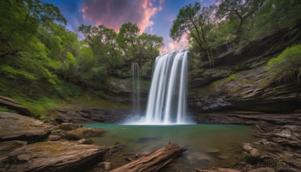 outdoors, sky, day, cloud, water, tree, dutch angle, no humans, nature, scenery, forest, rock, river, waterfall